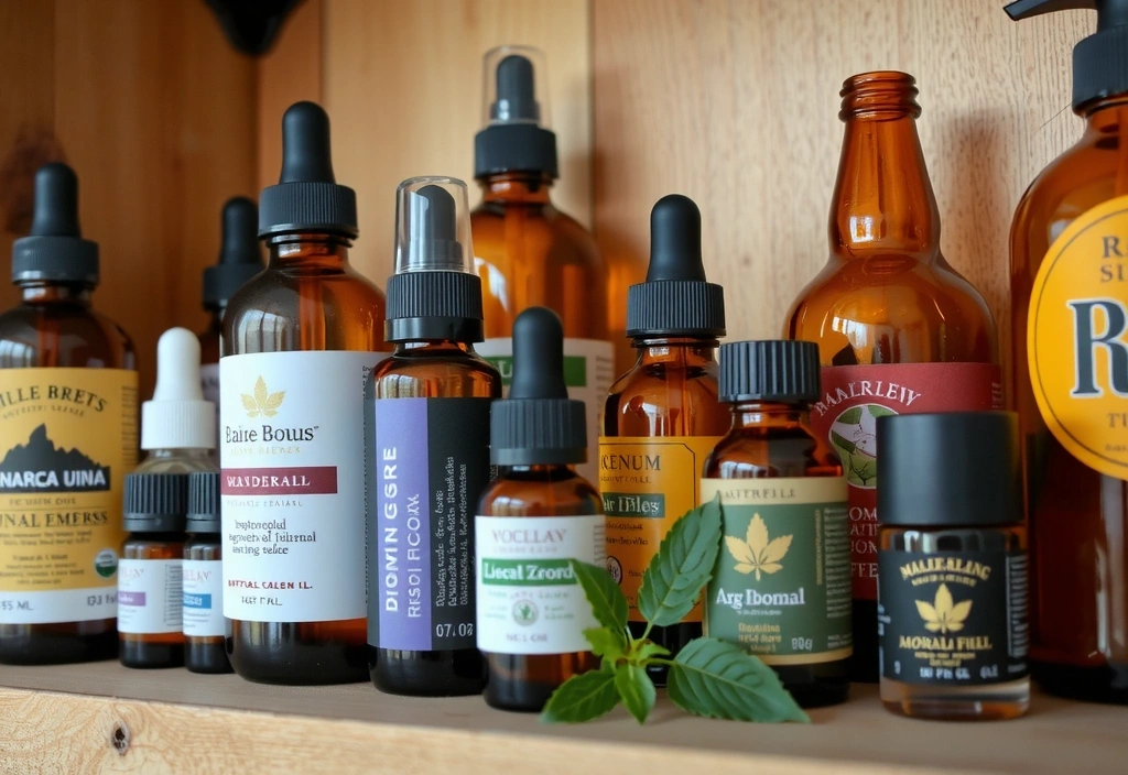 Bottles of essential oils and botanical extracts on a wooden shelf