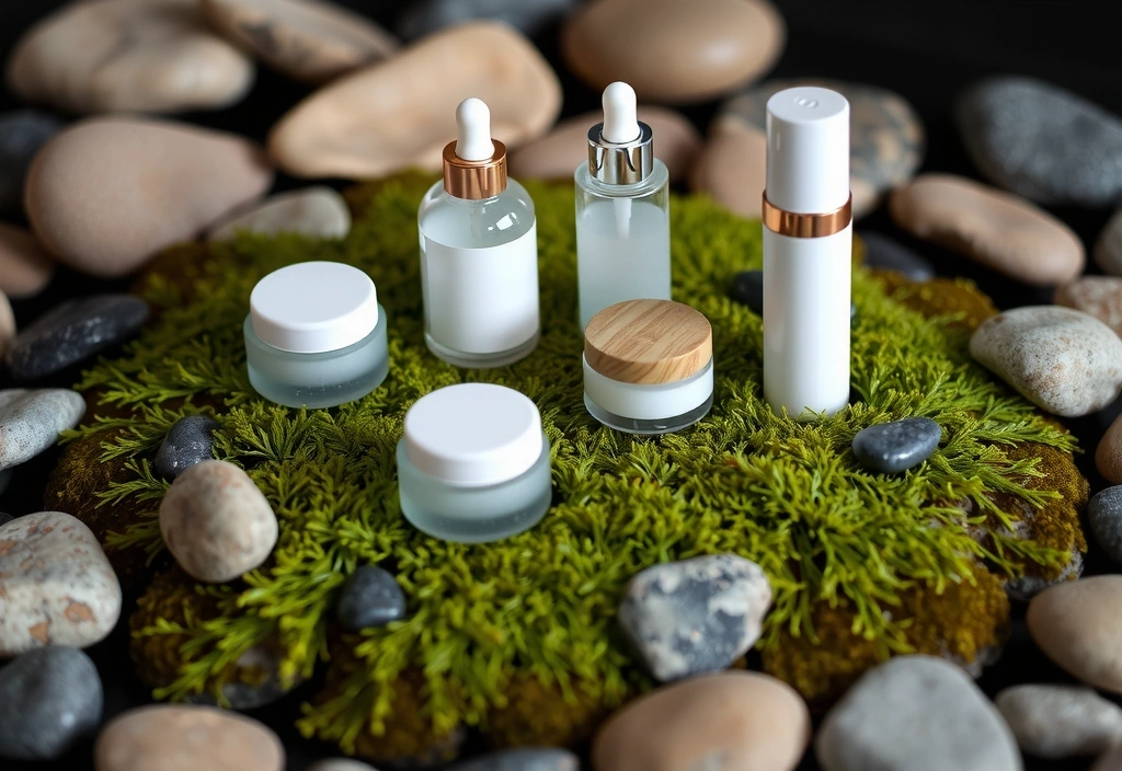 Finished skincare products beautifully arranged on a mossy, natural surface