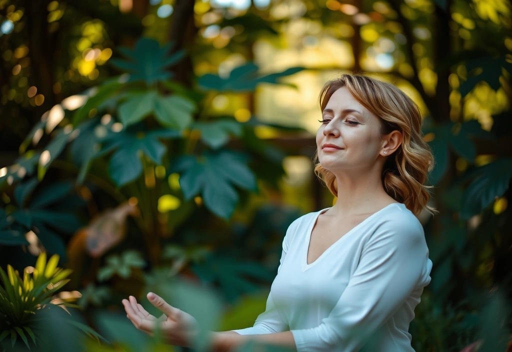 A woman meditating in a serene natural setting with soft sunlight