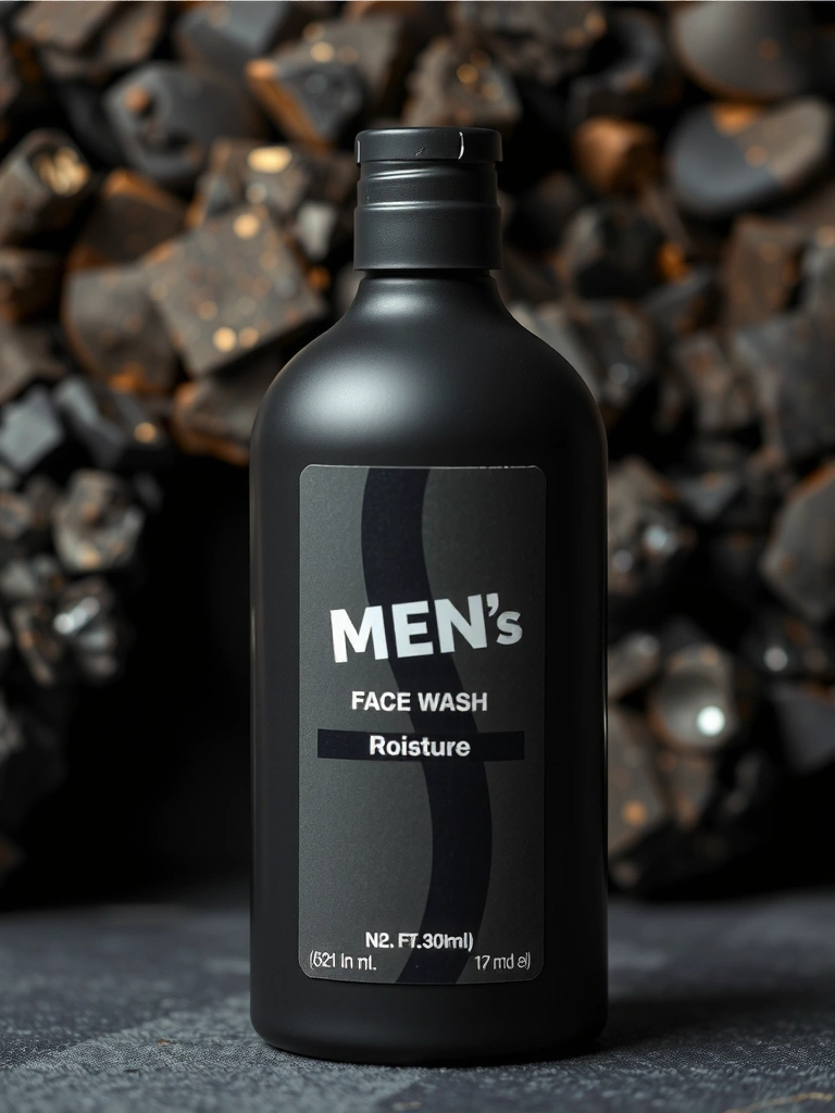 A sleek bottle of men's grooming product with a dark, natural background