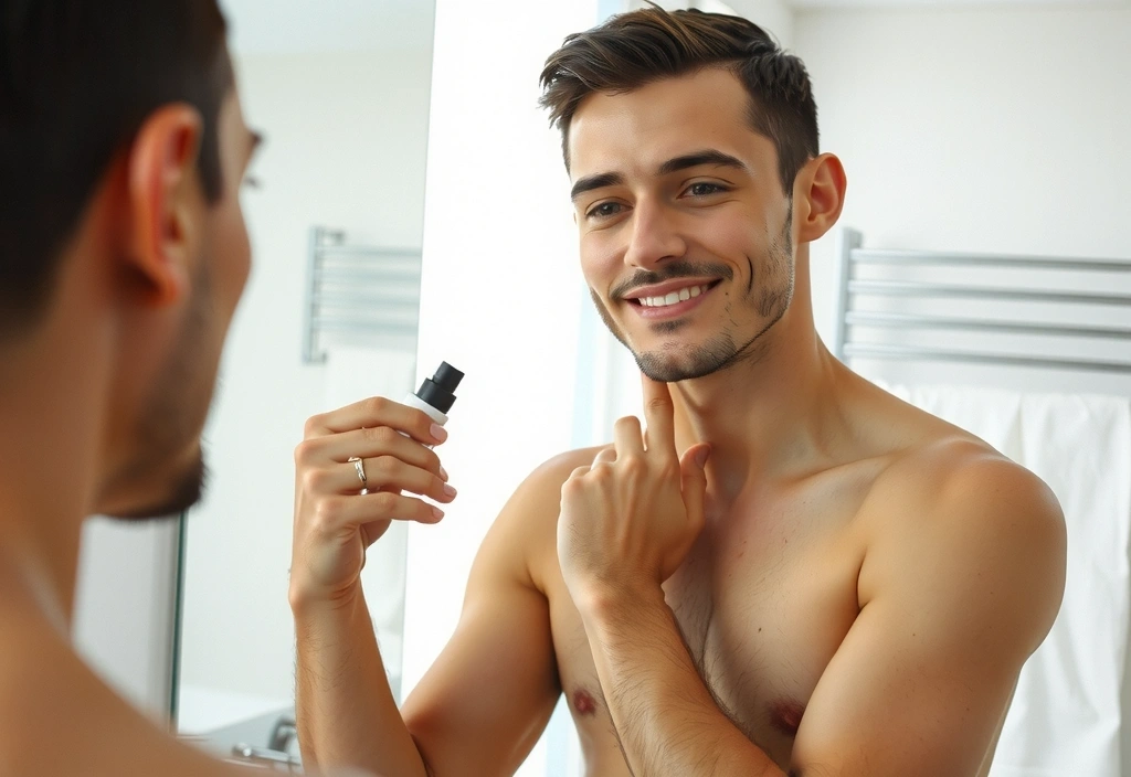 A man applying face moisturizer in a clean, modern bathroom