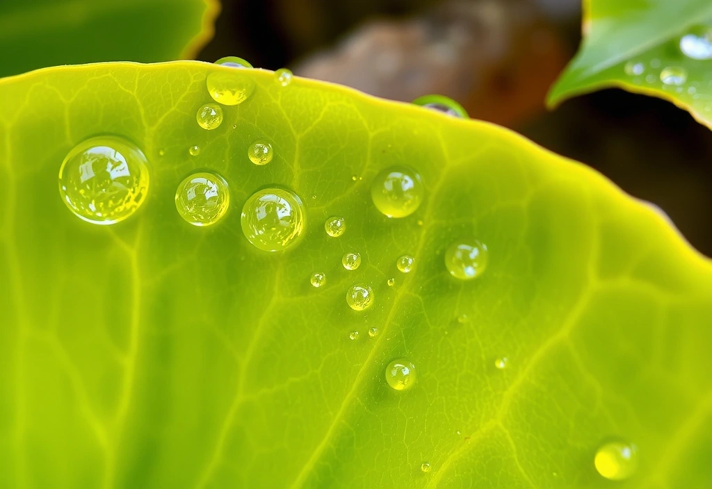 Close-up of a vibrant green tea leaf with water droplets