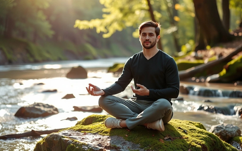 A man practicing meditation outdoors, finding calm and balance in nature.