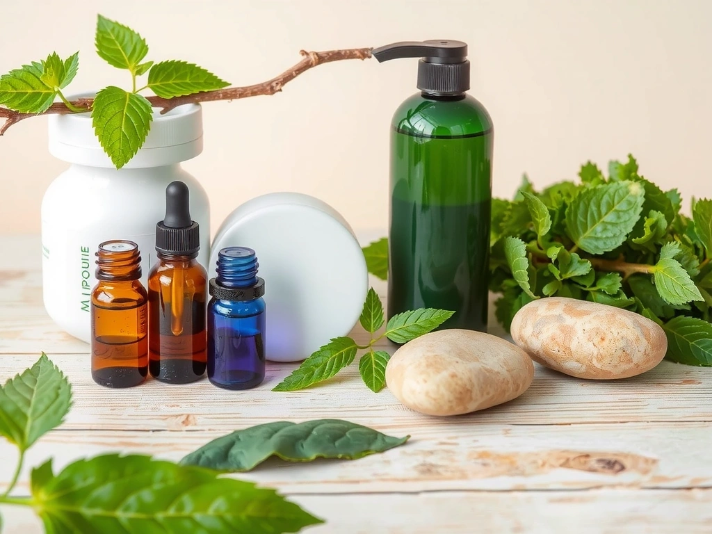Close-up of a woman's hand applying a botanical serum to her face, surrounded by delicate green leaves and flowers, emphasizing natural beauty and skincare.