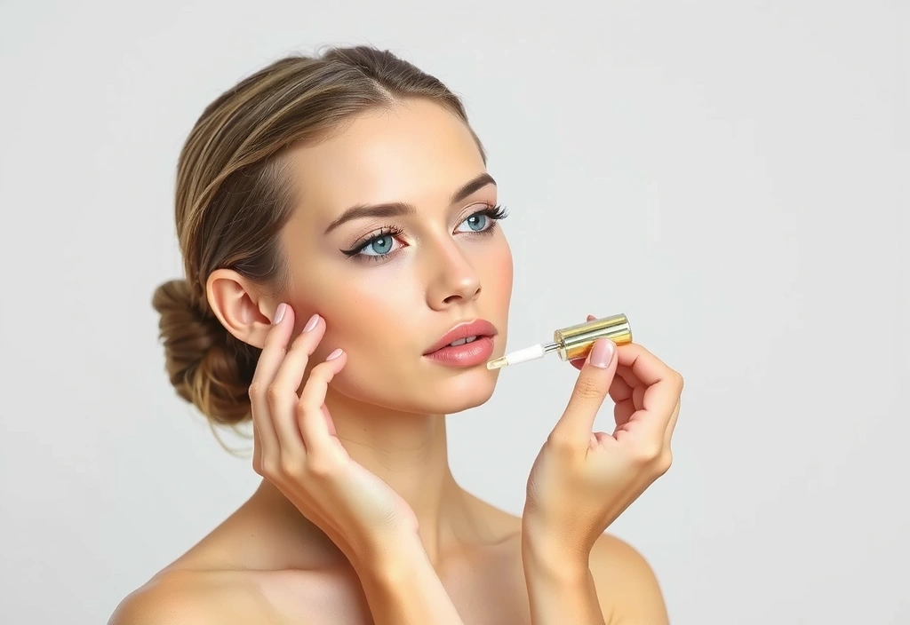 Woman applying face serum to her cheek